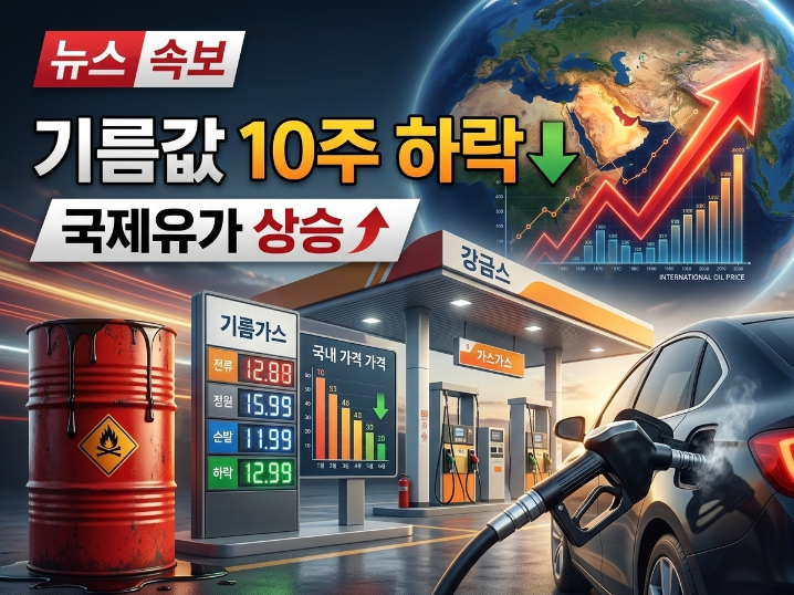 전국 주유소 기름값 하락과 국제유가 상승 흐름을 보여주는 주유소 유가 안내판 모습.